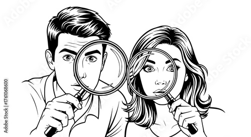Two People Magnifying Their Eyes to See Details Clearly