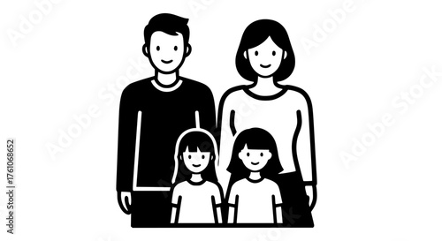 Happy Family Portrait of Parents and Two Daughters Standing Together