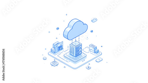 Modern isometric cloud computing concept with data server, digital storage, and secure network infrastructure illustration