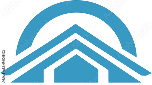 Abstract blue house roof icon with a rising sun or arch element. Simple graphic symbol for real estate, home, or property concepts.