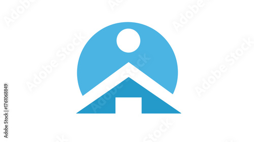 Abstract graphic logo design: stylized person under a protective roof or house icon. Concept of home, shelter, property, community, and care.