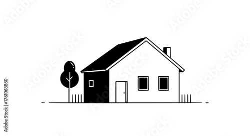 Simple Cartoon House with Tree and Grass Illustration