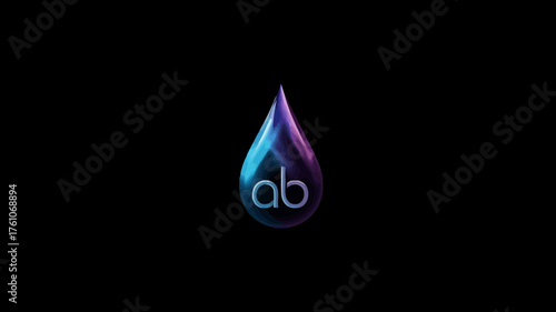 Modern abstract glowing blue purple gradient droplet with 'ab' letters on a dark background, digital art concept
