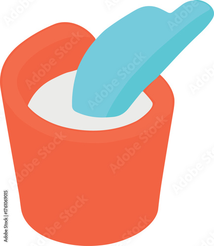 Flat vector illustration of a red cup filled with water and a blue rinsing scoop, commonly used in dental clinics for oral rinsing after treatment.