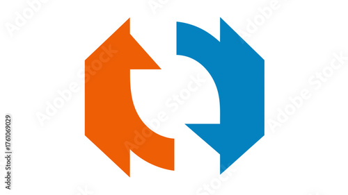 Abstract refresh reload icon, two arrows forming a circular cycle, orange and blue design, synchronization process symbol, data exchange concept