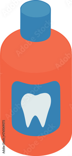 Flat vector illustration of a red and blue mouthwash bottle with a tooth symbol, representing oral hygiene and dental care.