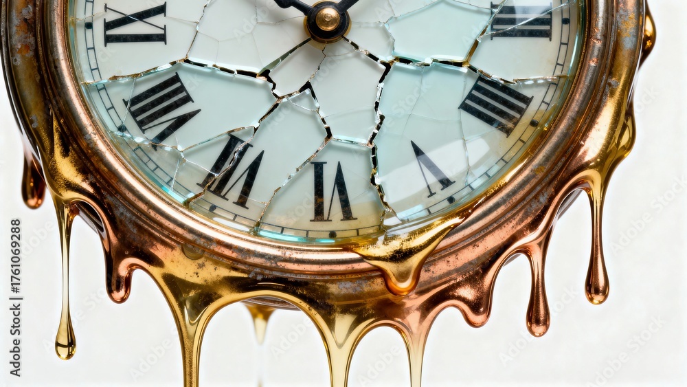 Obraz premium A close-up of an antique clock with a shattered glass face and its casing melting into golden liquid, a surreal image representing the distortion of time.