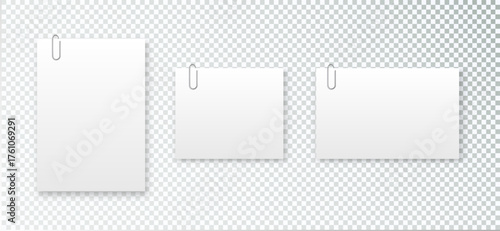 Blank paper sheet in A4 format on transparent background. Notebook page, document with steel paper clip. Vector