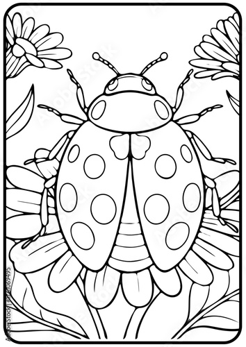 Cute Ladybug on Flowers Line Art Illustration – Insect Botanical Vector for Kids Coloring Book