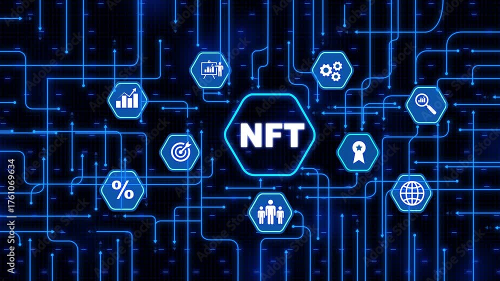 NFT Non-fungible token digital crypto on virtual screen. Hi tech motion graphic technology dark background. Futuristic technological blue hologram analyzing data. 4k video