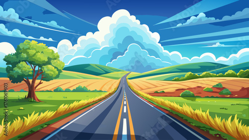 Very beautiful close-up country road under a deep blue sky and fluffy white clouds, symbolizing freedom, peace, and endless journeys through nature’s heart, showcasing stunning rural landscape and 