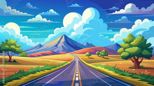 Very beautiful close-up country road under a deep blue sky and fluffy white clouds, symbolizing freedom, peace, and endless journeys through nature’s heart, showcasing stunning rural landscape and 