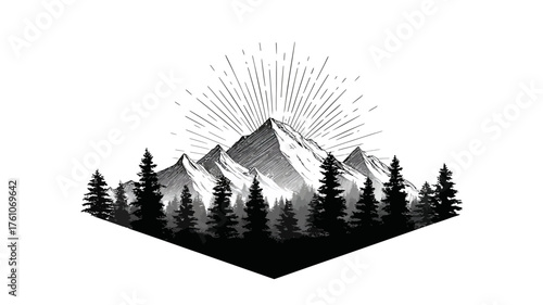 Majestic mountain range with towering peaks and dense pine forest silhouette. Vintage hand-drawn style nature adventure landscape illustration with sunburst.
