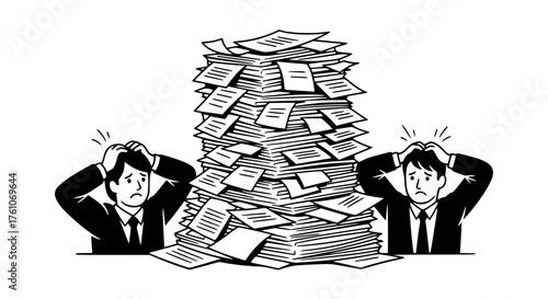 Overwhelmed by a Massive Paperwork Pile Two Stressed Employees Struggle