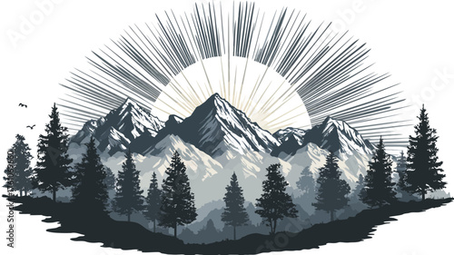 Majestic mountain landscape with dense evergreen forest and radiant sunburst illustration. Vintage style graphic design element for outdoor adventures.