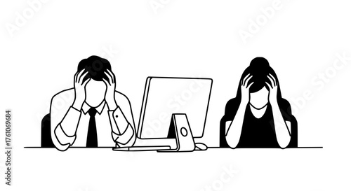 Two people are stressed out while working on a computer together