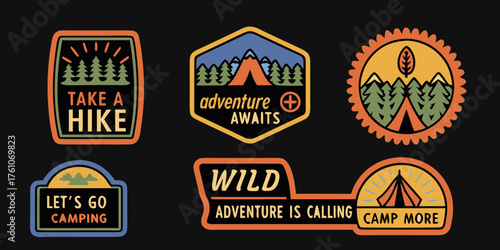 Collection of vintage style outdoor adventure patches with inspiring camping and hiking slogans