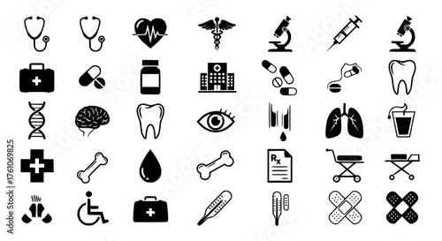 Collection of Medical Healthcare and Science Icons Related to Health And Medicine