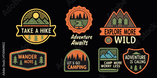 Collection of vintage outdoor adventure badges and patches with inspirational travel slogans