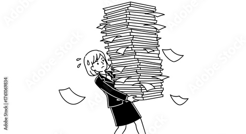 Overwhelmed Employee Struggling Under Massive Paperwork Load