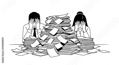 Overwhelmed workers facing huge piles of documents and paperwork feeling stressed and exhausted