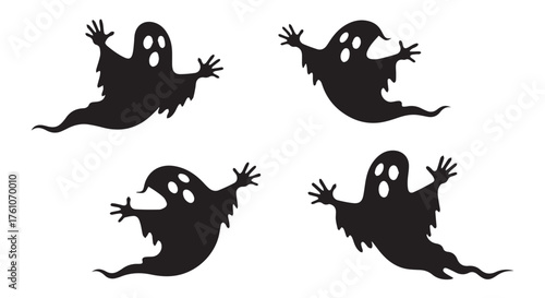 Four spooky ghosts floating isolated on transparent background