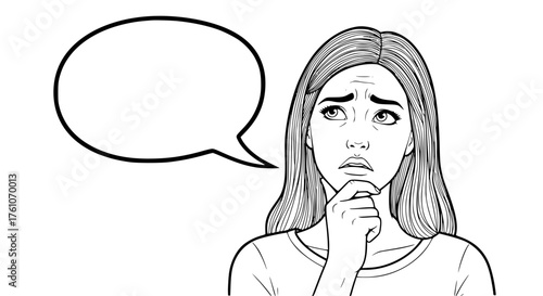 Woman Thinking Hard with a Question Mark Thought Bubble