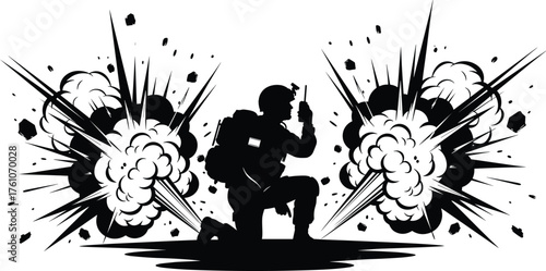 Soldier silhouette vector, kneeling with radio, explosion scene illustration, battlefield communication, war themed artwork, black and white graphic