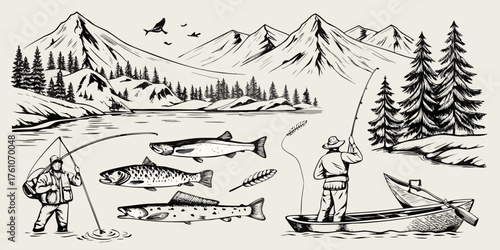 Vintage style illustration of mountain lake fishing scene with fishermen and trout