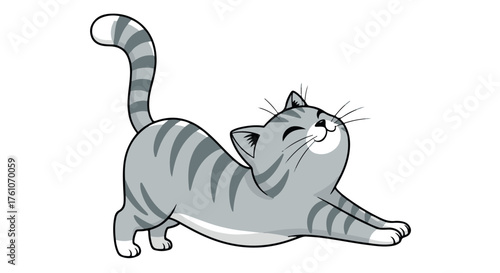 Cute cartoon cat stretching with a happy expression, isolated on transparent background