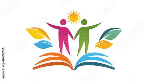 Vibrant community education concept with diverse figures holding hands over an open book, sun, and colorful leaves, symbolizing learning, unity, and growth.
