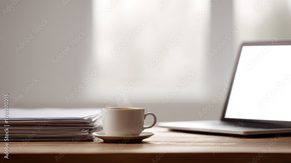Obraz premium Wooden office desk, eye-level view: Laptop with a blank screen, stacked papers, and a steaming coffee cup. Minimalist, inviting.