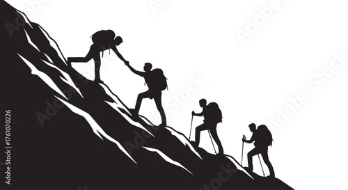 Silhouettes of hikers ascending a steep mountain slope with poles isolated on transparent background