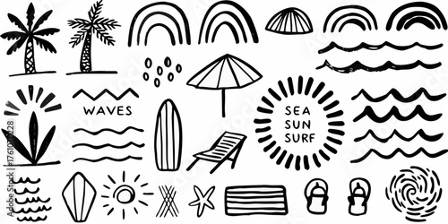 Hand drawn black and white summer beach elements collection with palm trees waves sun and surfboard