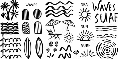 Hand drawn black and white summer beach vacation elements including waves sun surfboards palm trees umbrellas and shells