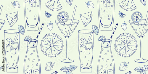 Hand drawn sketchy summer drinks and fruit pattern with ice cubes and citrus slices