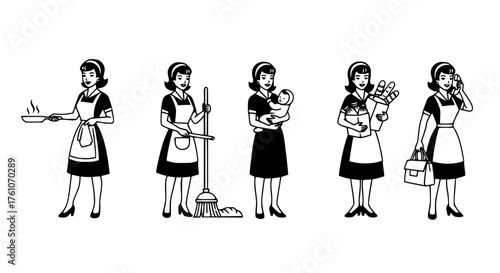 Housewife Performing Various Household Chores and Daily Activities