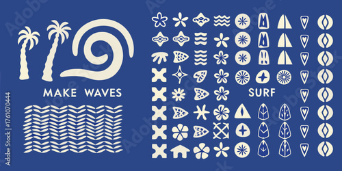Collection of hawaiian inspired surf and beach icons with palm trees and wave patterns