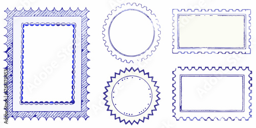 Collection of hand drawn blue postage stamp frames and borders with perforated edges on white background