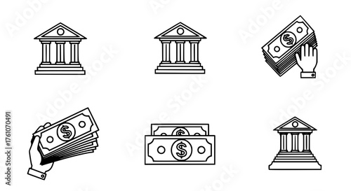 Money Bank Icons Set Financial Symbols Outline