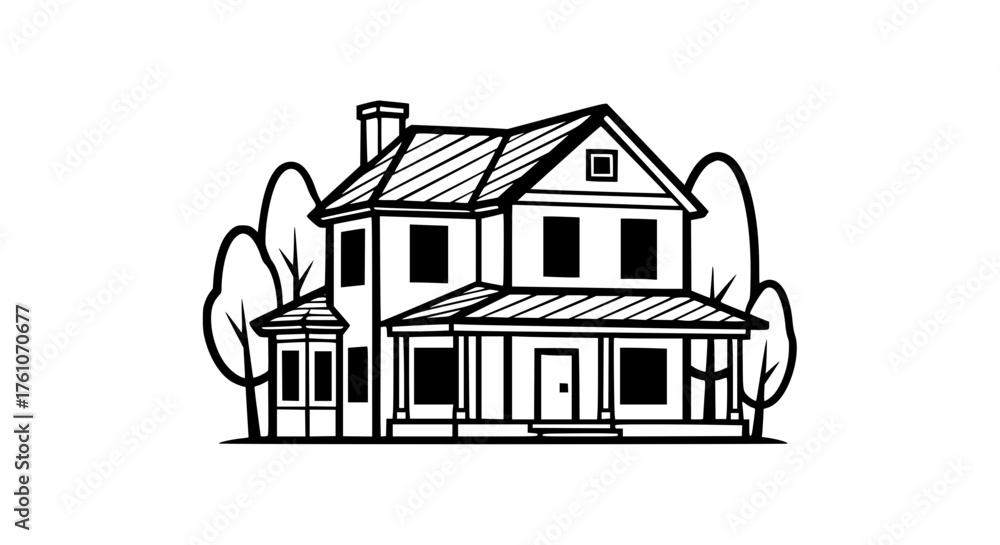 Fototapeta premium Charming Two Story Home with Mature Trees and Inviting Porch