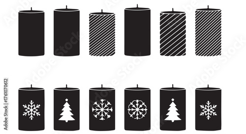 Collection of black candles with festive designs and patterns isolated on transparent background