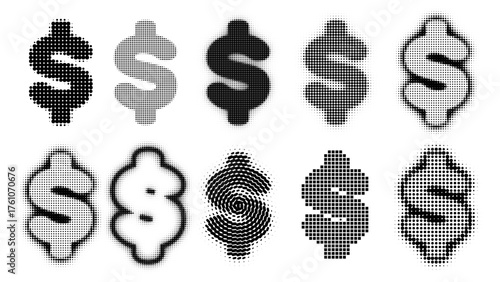 Halftone Vector set of Dollar Signs, Us Dollar Currency in Halftone Patterns