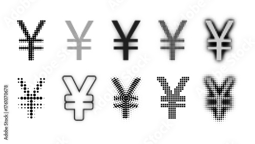 Halftone Vector set of Yen Signs, Yen Currency in Halftone Patterns