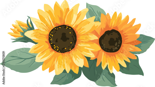 Beautiful watercolor sunflowers illustration, vibrant yellow floral bouquet with green leaves, summer bloom, natural botanical design