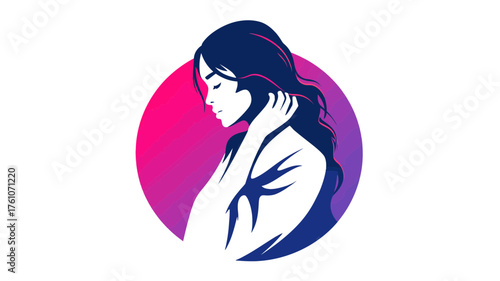 Stylish woman illustration in profile with long flowing hair and vibrant gradient circle background, symbolizing beauty and grace.