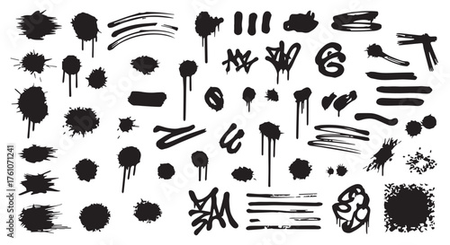 Black ink splatter and brush stroke graphic elements isolated on transparent background