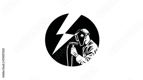 Monochrome graphic illustration of a skilled welder wearing a protective mask, operating a torch with a powerful lightning bolt symbol