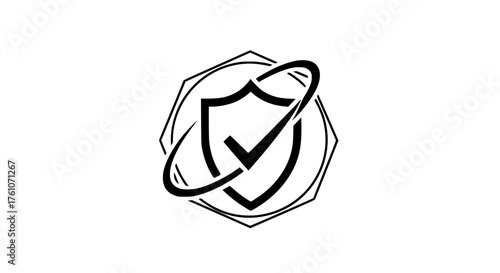 Secure Shield with Orbiting Checkmark and Hexagonal Frame