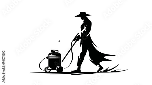 Mysterious silhouette of a person in trench coat and hat, walking and pulling a cart with technical equipment. Vector illustration.